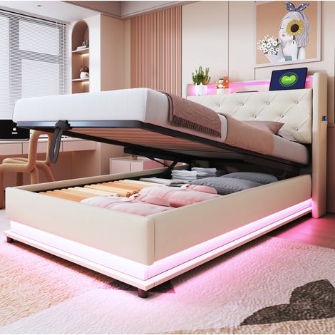 Kinderbett 90/200 cm beige aus Leinenstoff mit LED-Beleuchtung und hydraulischem Stauraum (1/5)