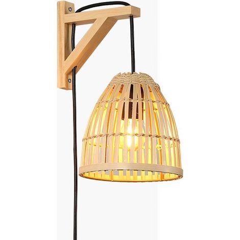 Applique murale en bois et abat-jour en bambou CESTA – Noir boho chic – Dimensions abat-jour ø 170 x 180 mm – Type d'ampoule E27 (1/5)