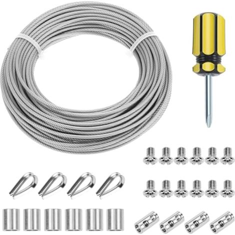Câble en acier inoxydable 20 m/2 mm, manchons de câble M2, anneaux de sertissage M2, kit de suspension pour corde extérieure (1/5)