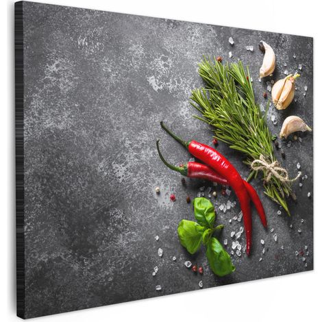 TABLEAU SUR TOILE Poivre - Herbes - Épices - Béton Décoration Murale 40x30 cm