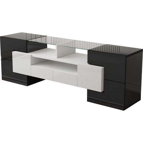 Mueble TV bajo 145 cm con LED, blanco brillo y superficie de vidrio, MDF HOMVRA (1/5)