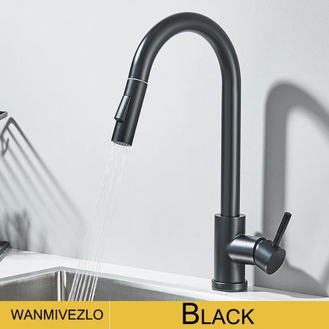 Robinet de cuisine extractible (noir) avec mitigeur rotatif à 360° et commande unique. Robinet d'évier avec eau chaude et froide. (1/5)