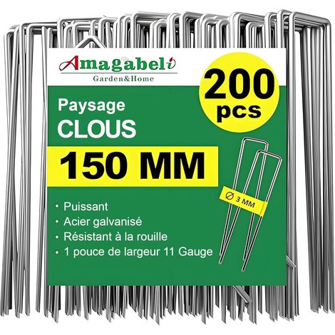 200 Piquets de jardin, Acier galvanisé, Forme U, 150 mm, Pour toile de paillage et bâche, Usage extérieur (1/5)