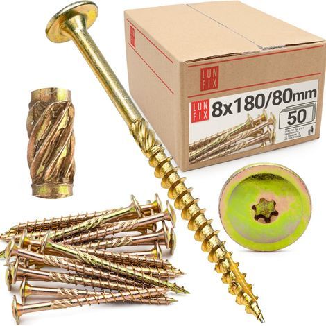 50 Holzschrauben – Rahmenbau – Torx TX40 mit breitem Kopf, verzinkter Stahl, 8,0 x 180 mm, für Terrassen, Dächer und Holzkonstruktionen (1/5)