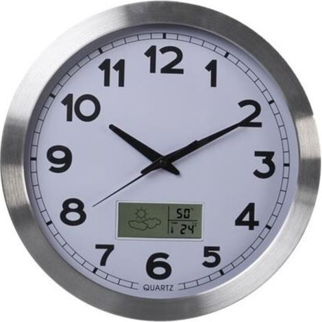 Horloge murale ronde en aluminium 35 cm – Écran LCD avec thermomètre et hygromètre – Prévisions météo – Installation facile (1/5)
