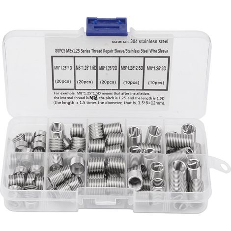 80 inserts M8x1.25 en acier inoxydable, écrous filetés hélicoïdaux pour réparation de filetage, lot de 80 pièces (1/5)