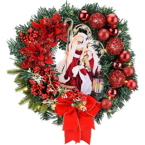 Couronne de noël sacrée avec lumières, guirlande décorative en bois avec figurines imprimées pour les vacances (1/5)
