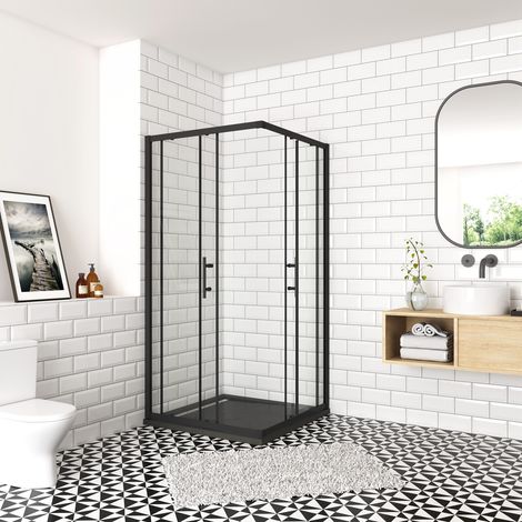 Box Doccia Angolare Porta Scorrevole 70x70x190 cm Vetro Temperato Trasparente 6 mm Easyclean Anticalcare Telaio Nero Opaco