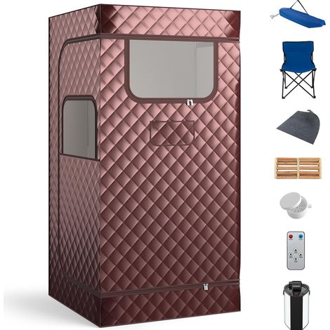 COSTWAY Sauna a Vapore Portatile 3L, Sauna da Casa con 9 Livelli di Regolazione della Temperatura da 35-63℃, Telecomando, Sedia Pieghevole e Massaggiatore per Piedi in Legno (caffè) (1/5)