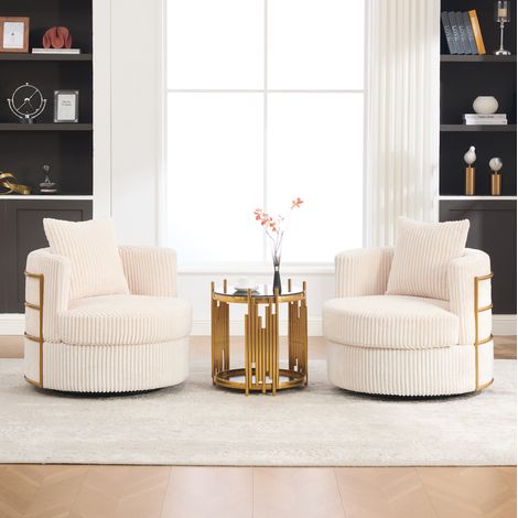 Poltrona girevole 360° in velluto a coste, schienale avvolgente, con vano contenitore, beige (1/5)