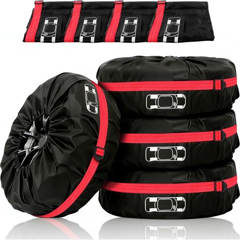 Set of 4 Waterproof Car Tyre Covers with Handle Diameter 66 cm/26 Inches for 13-18 Inch Tyres Black/Red (1/5)