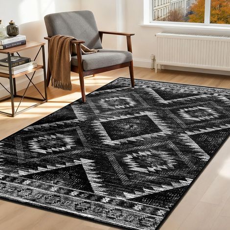 JSSEVN - Alfombra lavable a máquina para salón, 120x180 cm, antideslizante, estilo marroquí, ideal para salón, pasillo, dormitorio y cocina, color negro. (1/5)