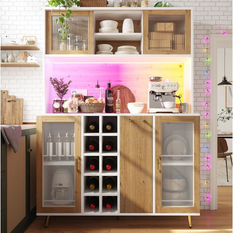 Buffet 120x40x180 cm blanc et aspect bois en MDF avec LED, prise intégrée, rangement à vin et système anti-basculement (1/5)