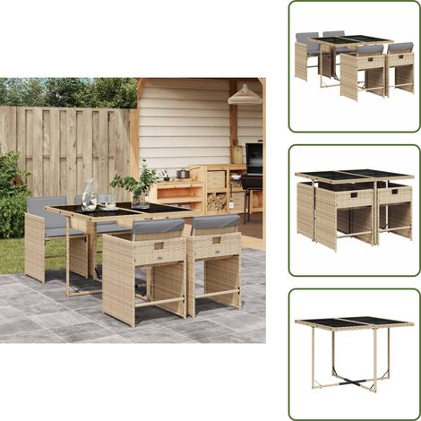The Living Store Ensemble à manger de jardin coussins 5 pcs mélange beige rotin - Salon De Jardin - Set Salon De Jardin - Meuble De Jardin - Mobilier Extérieur - Table De Jardin