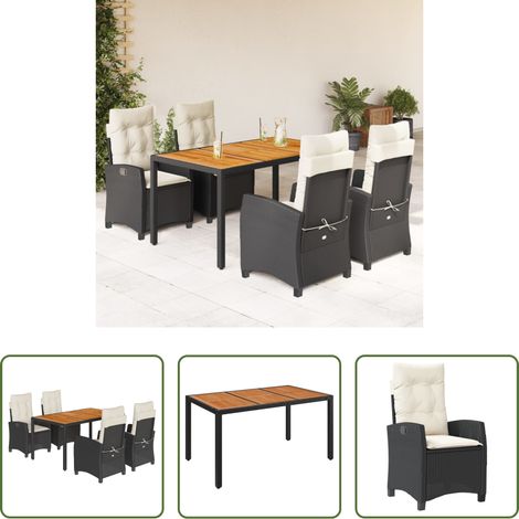 Gartentisch - 5-tlg. Garten-Essgruppe mit Kissen Schwarz Poly Rattan (1/5)