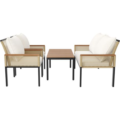 CAIziEnsemble salon de jardin, ensemble de meubles de jardin avec coussins confortables, canapé double, 2 fauteuils et table, extérieur, rotin, table et chaises, beige