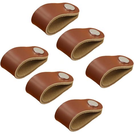 Set mit 6 Ledergriffen, Ledermöbelgriffen, Lederknaufgriffen, Lederschrankgriffen, Lederküchenschrankgriffen, verchromter runder Schnalle (braun)