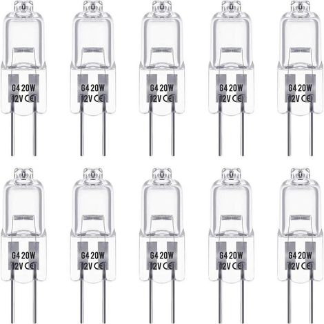 10 ampoules halogènes G4, 12V 20W, 3000K, 350 lm, gradables, base à broches doubles, capsule transparente (1/4)