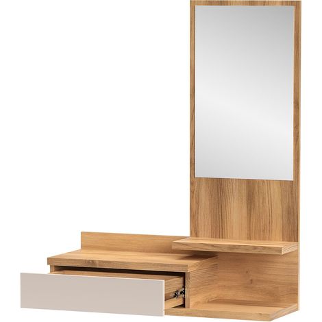 Console meuble d'entrée avec 1 tiroir et miroir coloris Beige/chêne Mauvella - Longueur 81 x Hauteur 116 x Profondeur 27,4 cm (1/3)