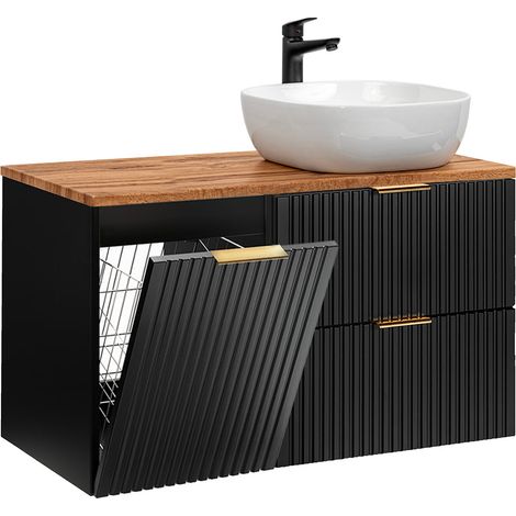 Meuble simple vasque 100cm panier à linge Adriel Noir et Bois (1/5)