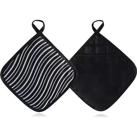 Maniques en coton, lot de 2, avec sac, 20 x 20 cm, lavables et antidérapantes, pour four, cuisine, pâtisserie, rayées, noires (1/5)