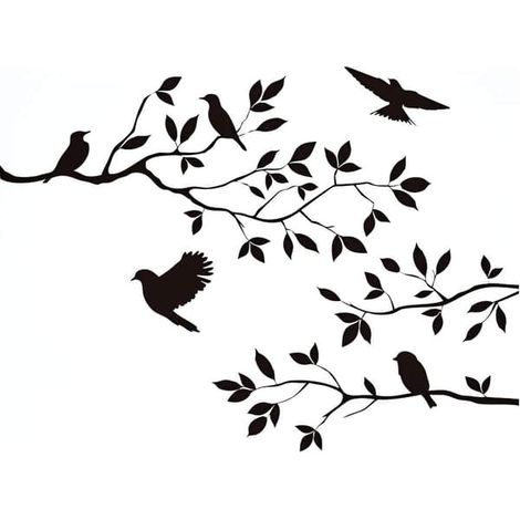 Stickers muraux fleurs noires, arbres et oiseaux pour la maison (1/4)