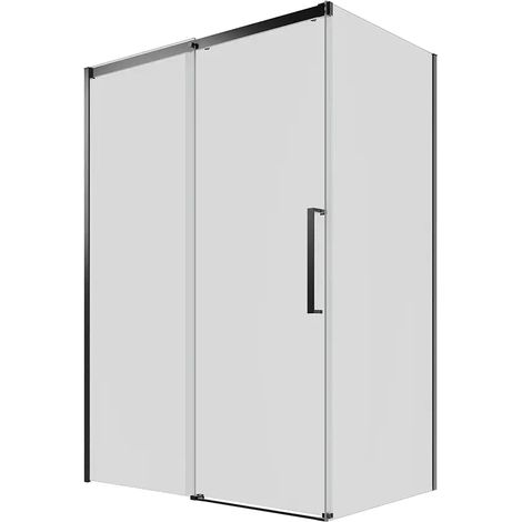 Cabine de douche 70x130 cm Porte coulissante avec fermeture Soft-close et paroi fixe Profilés aluminium Noir mat Verre transparent 8mm avec traitement Easy-clean - Réversible h195 Mod. antille