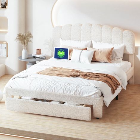 Lit double 160x200 cm, lit adulte 160x200 cm, 1 tiroir au pied du lit, port usb et type-c, tissu teddy polaire, beige, style moderne (1/5)