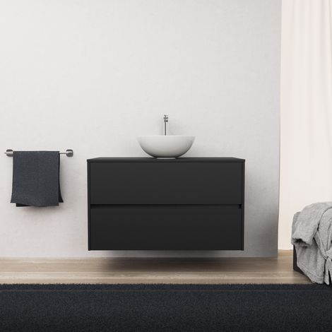 Inda - Badezimmerschrank 2 Schubladen L.100 mit Aufsatzwaschbecken / Mattschwarz - diamante (1/5)