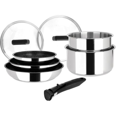 Batterie de cuisine Inox 8 Pièces : 3 Poêles Ø20,24,28 cm + 2 Casseroles Ø16,18 cm + 2 Couvercles Verre Ø16,18 cm + manche amovible, Tous feux dont induction (1/5)