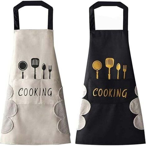 2 PCS Tablier de cuisine(Blanc et Noir) pour femme avec poches pour essuyer les mains, grande poche, essuyage à la main, imperméable pour la cuisine et la pâtisserie (1/4)