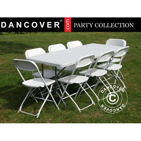 Party-Paket, 1 Klapptisch (180cm) + 8 Klappstühle, Hellgrau/Weiß - Dancover