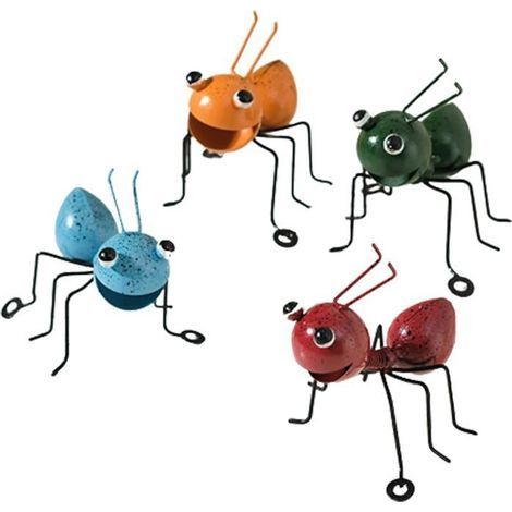 (Farbe: Orange, Rot, Grün, Blau) Set mit 4 Metall-Ameisen-Dekorationen – Wandskulptur – Gartenskulpturen – Bunte Dekoration – Niedliche Insekten – Für den Garten (1/5)