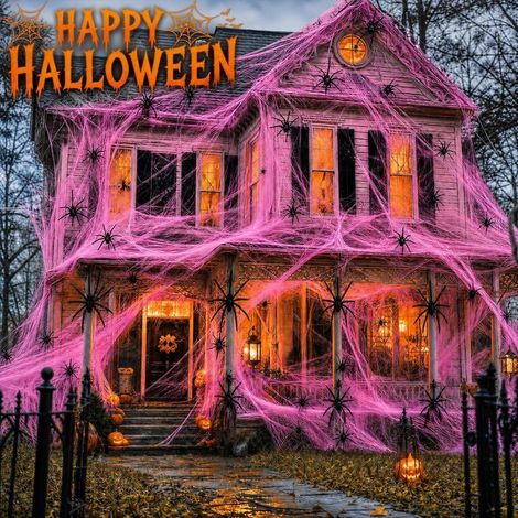 400g Toiles d'Araignée Halloween Decoration avec 60 Fausses Araignées Halloween Toile d'Araignée Décoration, Rose (1/5)