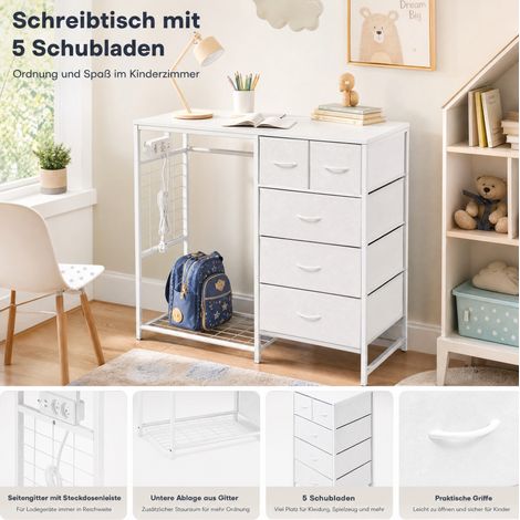 Armoire enfant multifonctions avec 6 tiroirs en tissu, tringle et prise intégrée - Meuble de rangement blanc pour chambre d'enfant (1/5)