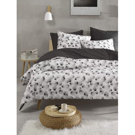 Parure : Housse de Couette et Taie d'oreiller, Coton, Blanc-Noir, 140x220 cm (1/4)