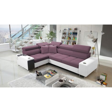 Elegantes Ecksofa mit Konsole und Ladegerät MORENA II Kunstleder/Uttario Velvet Weiß/Violett Links (1/5)
