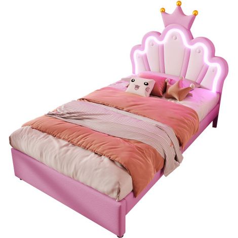 Flaches Doppelbett, kronenförmiges Prinzessinnenbett, weiche Polsterung aus PU-Leder, verstellbarer LED-Umgebungslichtstreifen (1/5)