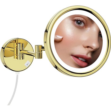 Miroir Grossissant Mural x7 Miroir Maquillage Lumineux Doré Miroir Extensible Salle de Bain 3 Couleurs de Lumière,Ø 21.5 cm (1/5)