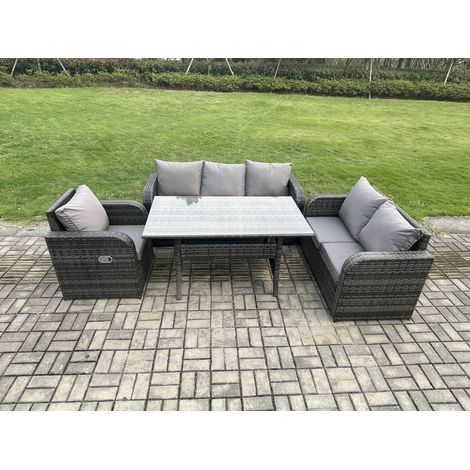 Fimous 6 Seater Garden Rattan Furniture Dining Table Sofa Set Indoor Outdoor with Reclining Chairs Dark Grey Mixed