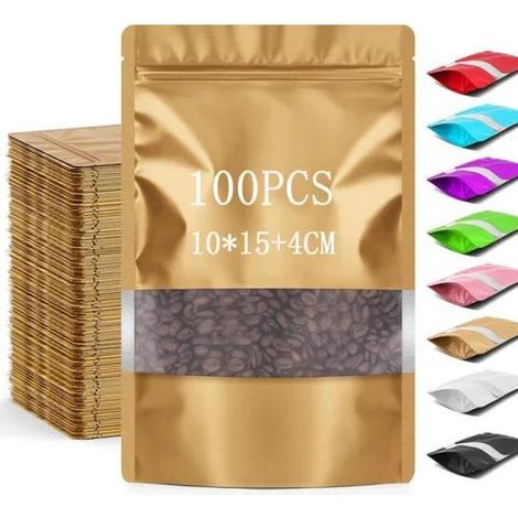 Irovami Sachets à fond plat dorés mats, 10 × 15 cm, soufflet de fond, capacité de 50 g, lot de 100 sachets plastiques refermables (1/5)