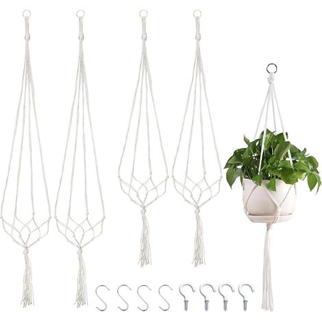 Lot de 4 suspensions en macramé pour plantes d'intérieur avec 4 crochets à suspendre pour plantes d'intérieur ou d'extérieur, maison, jardin, balcon, plafond - 100 cm/80 cm (1/5)