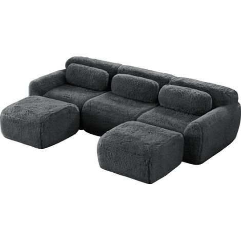 Divano modulare a U in tessuto effetto peluche grigio, senza montaggio, con cuscini (1/5)