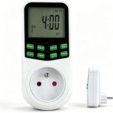 Prise Programmable 19 Groupes 16A 3680W - Double Compte à Rebours 99h, Écran LCD, Fonction Aléatoire Antivol, Mémoire et DST (1/5)