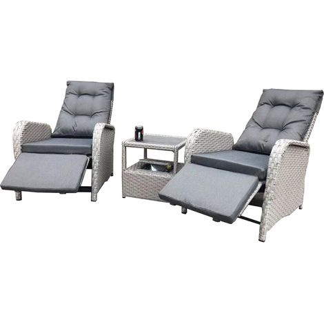 3 Piece Patio Lounge Chair Set Recliner Chair w Cushion & Ice Bucket - Light Grey (1/5)