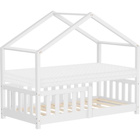 ML-Design Letto a Casetta per Bambini 70x140 cm Bianco in Legno Massello di Pino con Materasso Sponda di Sicurezza e Tetto, Lettino Montessori Basso a Terra per Bambine, Arredamento Cameretta