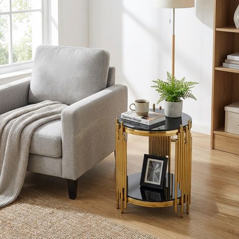 Runder Beistelltisch, Couchtisch, mit Edelstahlbeinen und Glasplatte, in Schwarz und Gold