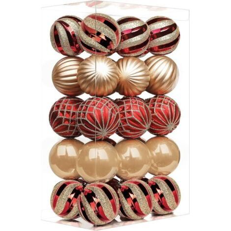 Set mit 30 farbenfrohen, bruchsicheren Weihnachtskugeln aus Kunststoff für Weihnachtsbäume, Partydekorationen, Hochzeiten (60 mm, rot und gold) (1/4)