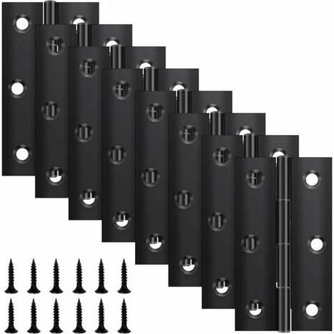 Lot de 8 charnières pliantes 67 mm × 37 mm, charnière en acier inoxydable noir, charnière piano, petite charnière, charnière de porte pour portes, fenêtres, armoires avec 48 vis (1/4)
