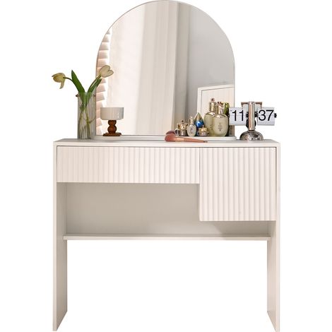 Coiffeuse avec miroir incurvé, deux tiroirs, rangements ouverts et structure MDF blanche, meuble maquillage moderne pour chambre et salle de bain CHICFURN (1/5)